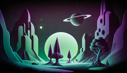 alien structure on planet valley landscape new quality stock image illustration desktop wallpaper design, Generative AI