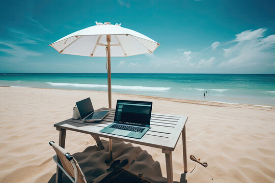 Minimalistic Digital Nomad Backdrop with Laptop and Travel Essentials