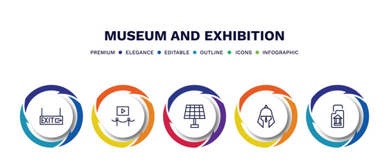 set of museum and exhibition thin line icons. museum and exhibition outline icons with infographic template. linear icons such as exit, electronics, panel, roman or greek helmet, archivist vector.