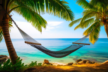Fototapeta premium Hammock tied to palm trees in front of the ocean. Created with Generative AI technology.