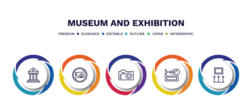 set of museum and exhibition thin line icons. museum and exhibition outline icons with infographic template. linear icons such as museum building, no photo, photographic, fishbone, exhibition