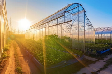 Industrial greenhouses in agriculture. Created with Generative AI technology.