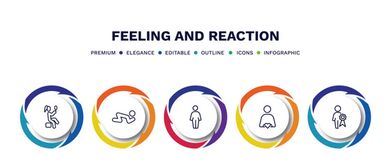 set of feeling and reaction thin line icons. feeling and reaction outline icons with infographic template. linear icons such as pretty human, grateful human, free human, in love special vector.