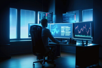 Successful trader follows stock charts on the monitors. Trading stocks and cryptocurrencies. Created with Generative AI technology.