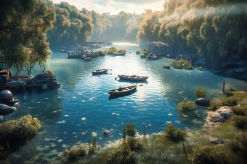 A tranquil lake with paddle boats and fishing
