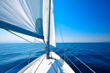 Obraz premium Yachting and sailing background with fragment of a yacht and a sail at sea. Created with Generative AI technology.