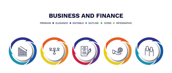 set of business and finance thin line icons. business and finance outline icons with infographic template. linear icons such as loss chart, item connections, bailment, hand with money gear, nails