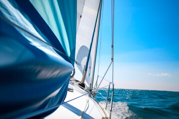 Obraz premium Yachting and sailing background with fragment of a yacht and a sail at sea. Created with Generative AI technology.