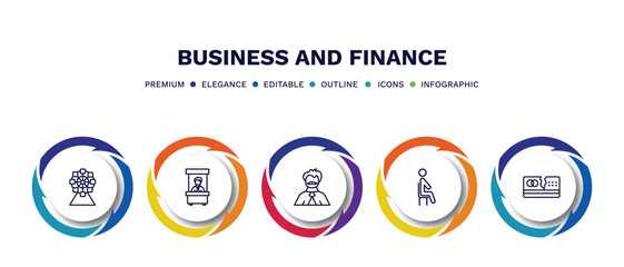 set of business and finance thin line icons. business and finance outline icons with infographic template. linear icons such as big ferris wheel, bank teller, man with moustach, sitting, broken