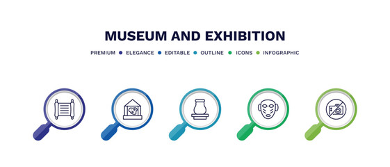 set of museum and exhibition thin line icons. museum and exhibition outline icons with infographic template. linear icons such as paper scroll, geological, souvenir, african mask, no photo vector.