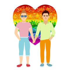 two young gay holding hands together on rainbow colored heart background. LGBT couple. love concept. vector illustration.
