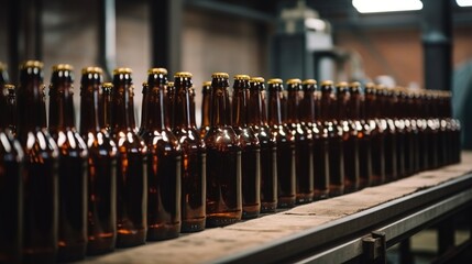 Close up view of a row of beer bottles being processed in a factory Generative AI