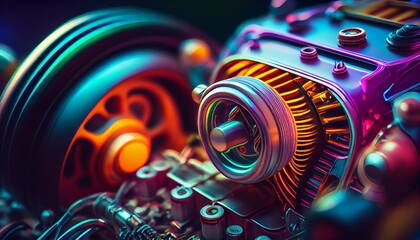Part of the internal structure of a car engine. Colorful wallpaper illustration. Electronics and car repair service background.
