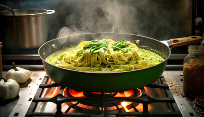 A hot pan filled with cooked pasta and fragrant basil pesto sauce simmers in a kitchen. AI generative