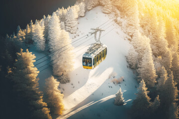 ropeway gliding gracefully over a forested valley, with skiers and snowboarders visible in the distance making their way down the slopes. AI generative