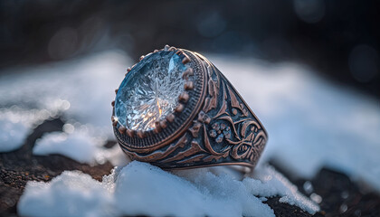 Platinum Topaz ring in the snow. Macro photography created with Generative AI