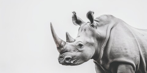 Black and white close up portrait of a rhinoceros, rhino, light background, white background, Generative AI