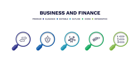 set of business and finance thin line icons. business and finance outline icons with infographic template. linear icons such as two way arrows, dollar money protection, multitasking woman, sale tag,