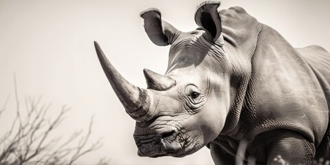 Black and white close up portrait of a rhinoceros, rhino, light background, white background, Generative AI