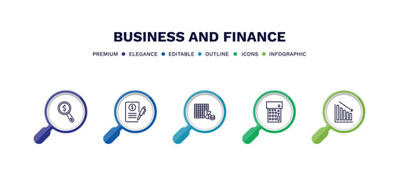 set of business and finance thin line icons. business and finance outline icons with infographic template. linear icons such as dollar business search, bailment, economy games, calculator maths