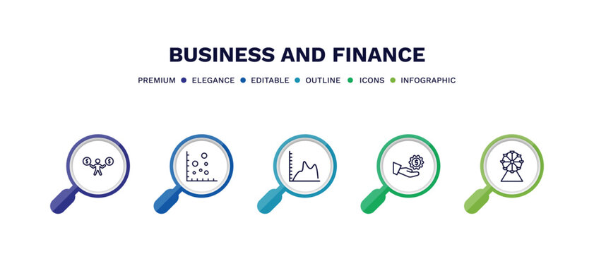 set of business and finance thin line icons. business and finance outline icons with infographic template. linear icons such as man holding a big coin, scatter chart, smooth line chart, hand with