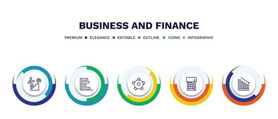 set of business and finance thin line icons. business and finance outline icons with infographic template. linear icons such as professional advance, horizontal bar chart, item interconnections,