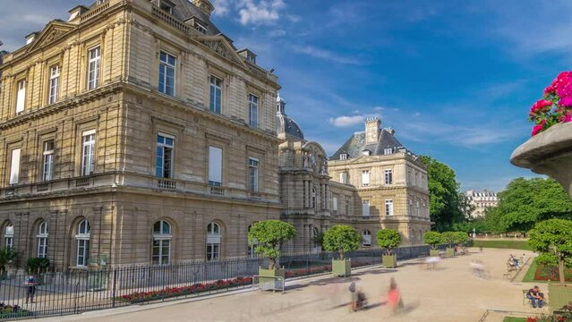Luxembourg Palace and park timelapse hyperlapse in Paris, the Jardin du Luxembourg, one of the most beautiful gardens in Paris. France.