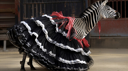 Naklejka na ściany i meble Zebra dressed as a flamenco dancer Generative AI