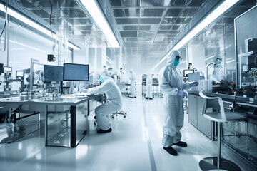 Research Factory Cleanroom: Engineer and Scientist Wearing Coveralls, Standing in Workshopop Talk and Use Tablet Computer, Professionals Develop Technology for Medical Electronic Equipment. High - obrazy, fototapety, plakaty