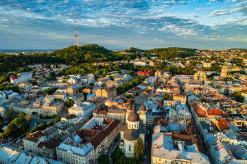 Panoramic summer view from drone on historical center of Lviv city