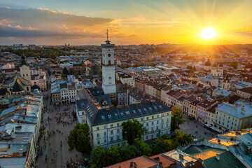 Lviv historival city center skyline at sunset