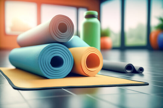 The mats are arranged neatly, each one waiting to support the next yoga enthusiast in their journey to health and wellness in fitness gym. AI generative