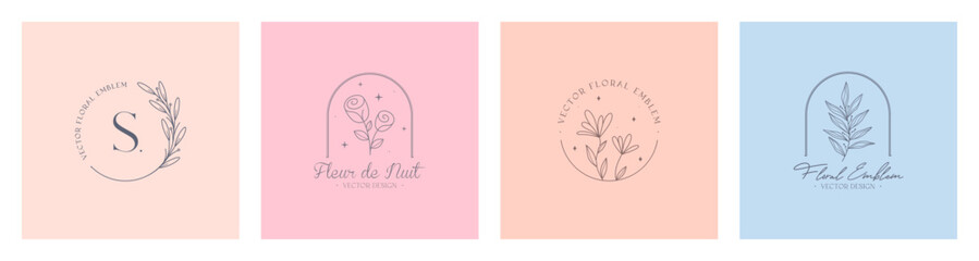Set of vector floral emblems.Elegant  logo designs with linear branches,flowers.Modern botanical badges in trendy minimal style.Branding design templates.Letters with Fleur de Nuit means night flower