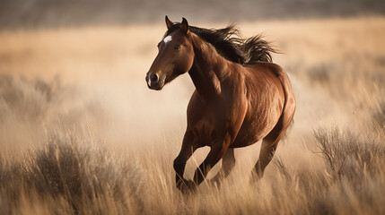 Fototapeta na wymiar A wild horse galloping across a prairie Generative AI