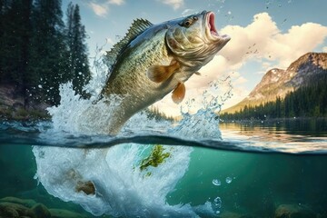 bass fish jumping out of river water. ai generative
