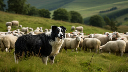 Obraz na płótnie Canvas A sheepdog herding sheep on a green hill Generative AI