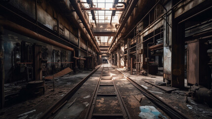 Plakat A long-abandoned factory with rusted machinery Generative AI