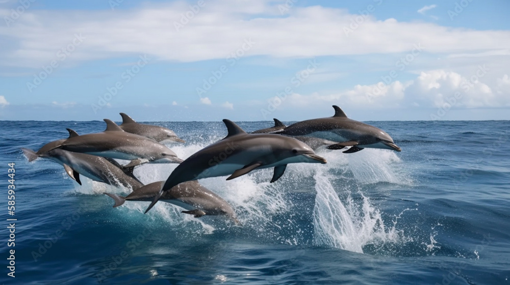 Wall mural A group of dolphins jumping happily in the sea Generative AI