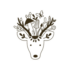 vector black and white image of deer and mushrooms