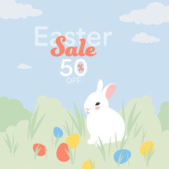 Sale Easter banners, greeting cards, sale posters, holiday covers. Trendy design with typography, eggs and bunny, in pastel colors. 