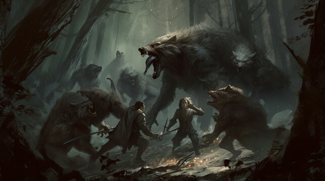  A group of werewolves fighting against a pack of vam Generative AI