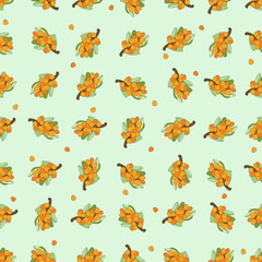 Obraz premium Simple sea buckthorn seamless pattern. Bright sea buckthorn berries, twigs and leaves. Vector outline drawn illustration. Template with berries for wallpaper, fabric, packaging