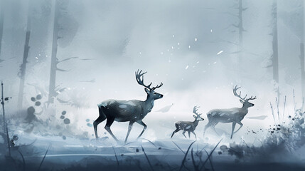 A festive scene with a family of reindeer prancing Generative AI