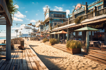 A scenic beachfront boardwalk with shops and restaurants