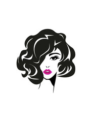 Beautiful sexy woman face, curly black hair style, fashion hairdresser, element design, spa salon. Beauty Logo. Vector illustration.