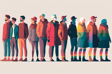 Fototapeta na wymiar Diverse group of young people, of different ethnicities, proudly stand in a row wearing rainbow-colored clothing, symbolizing the beauty and inclusivity of the LGBTQ+ community. Generative AI.