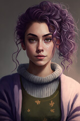 picture of a woman with purple curly hair wearing a grey knitted sweater with turtleneck and a purple jacket created with Generative AI technology