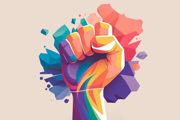 Colorful fist raised in solidarity with the LGBTQ+ community, symbolizing strength, resilience, and unity in fight for acceptance, equality, and love for all. Flat vector illustration. Generative AI.