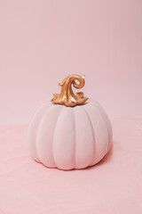 Minimal pink scene with pumpkin background and silk fabric.