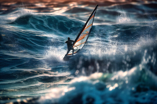 A lone windsurfer takes on the waves, the wind whipping through their hair as they carve through the water